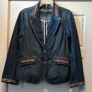 Upcycled denim  embroidered embellished blazer size L.
